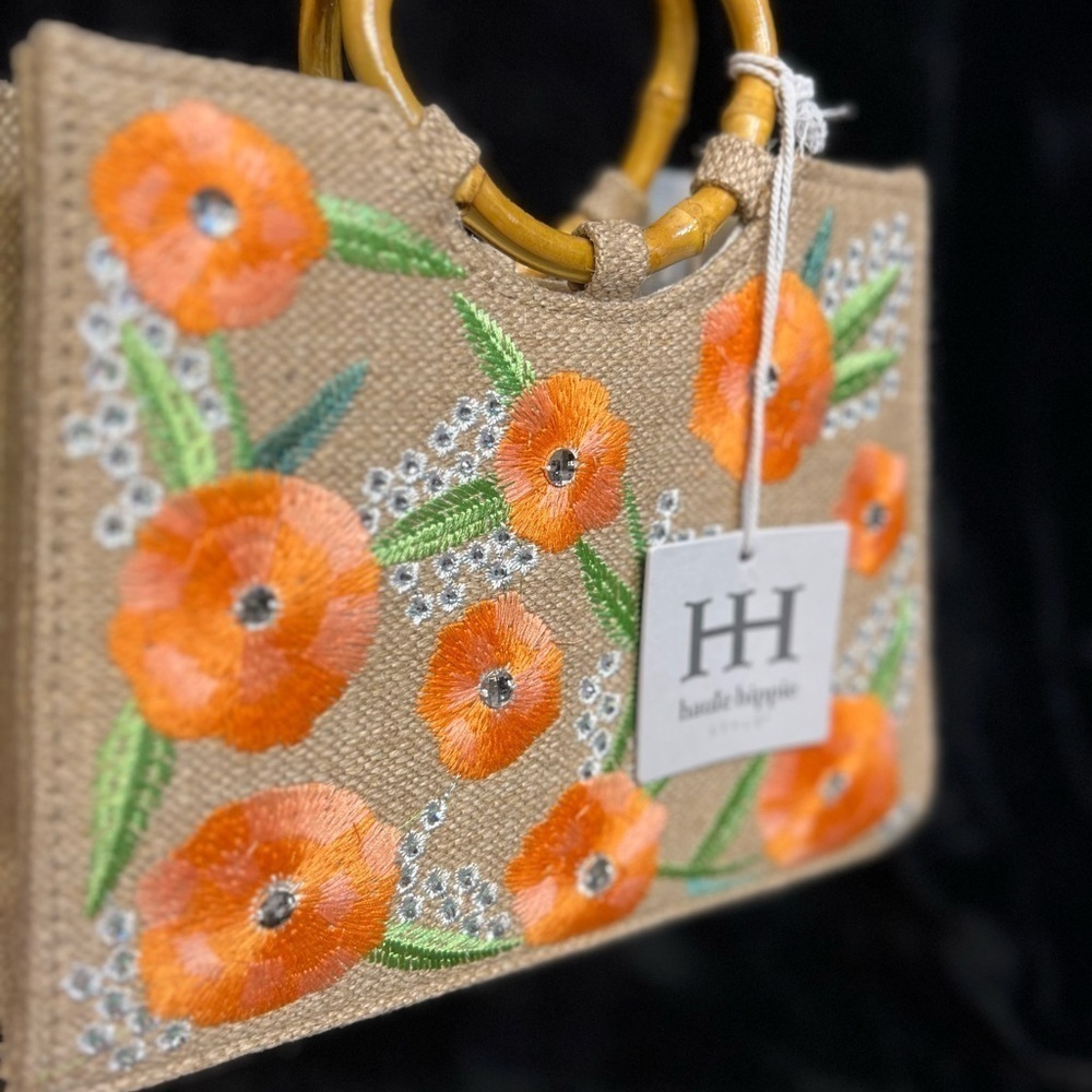 💐Haute Hippie Orange Floral Rhinestone accent Tote with Bamboo Handles-💐NWT - Picture 11 of 13